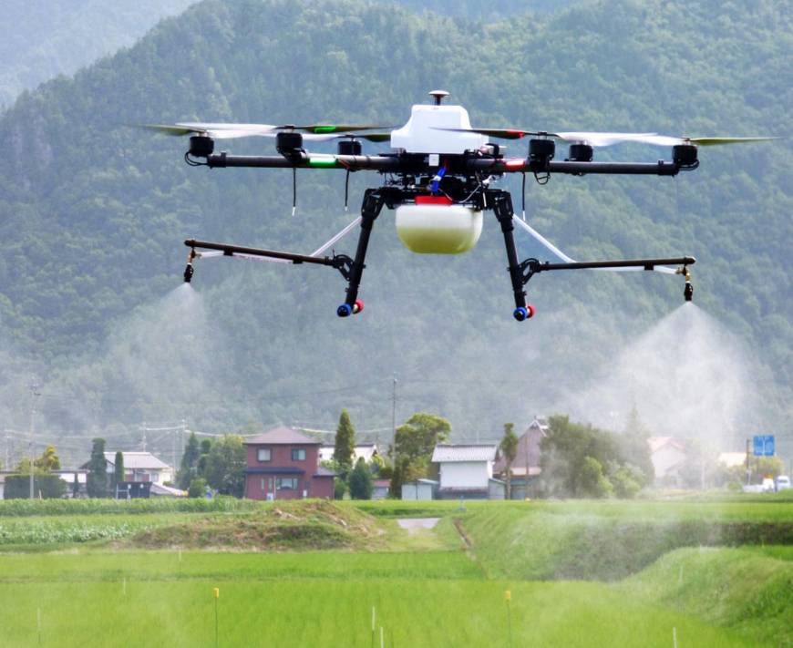 Drones in field for spraying chemicals